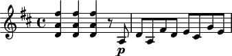 
\header {
  tagline = ##f
}

\score {
  \new Staff \with {

  }
<<
  \relative c'' {
    \key d \major
    \time 4/4
    \override TupletBracket #'bracket-visibility = ##f 
    \autoBeamOff

     %%%%%%%%%%%%%%%%%%%%%%%%%% K40
    \repeat unfold 3 { < fis a, d, >4 } r8 a,,8\p d[ a fis' d] e[ cis g' e]

  }
>>
  \layout {
    \context {
      \remove "Metronome_mark_engraver"
    }
  }
  \midi {}
}
