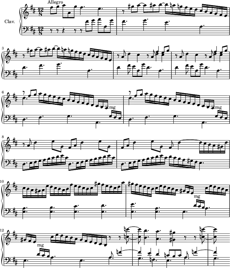 
\version "2.18.2"
\header {
  tagline = ##f
}

%% les petites notes
trillB      = { \tag #'print { bes'8.\trill } \tag #'midi { c32 bes c bes~ bes16 } }

upper = \relative c'' {
  \clef treble 
  \key d \major
  \time 12/8
  \tempo 4. = 80
  \set Staff.midiInstrument = #"harpsichord"

 s8*0^\markup{Allegro}
      s8 fis8 g a a, g' fis4. e | \repeat unfold 2 { r8 gis8 a~ a ais b~ b16 a g fis e d cis b a g fis e } |
      % ms. 4
      \repeat unfold 2 { r8 a8 d4 cis r8 a8 << { fis'4 e8 g } \\ {  d4 cis } >> } |
      % ms. 6
      \repeat unfold 2 { << { r8 fis8 g } \\ { d4. } >> a'16 g fis e d cis b a g fis e d cis b a s8. } |
      % ms. 8
      r8 \repeat unfold 3 { a'8 d4 e8 g, fis } d'4~ d16 cis b a gis d' |
      % ms. 10
      cis16 b a gis a e' d cis b a b fis' e d cis b cis gis' fis e d cis d a' | gis fis e d cis b cis e d cis b a gis fis e s8. cis'16 e d cis b a
      % ms. 12
      gis16 fis e s8. cis'16 e d cis b a gis fis e d cis b r8 r8 < c' c' >8~ q < b b' >4. < a a' > < gis gis'>4 r8 r8 < c c' >8~ q

}

lower = \relative c' {
  \clef bass
  \key d \major
  \time 12/8
  \set Staff.midiInstrument = #"harpsichord"

    % **************************************
       s8 r8 r8 r4 r8 r8 fis8 g a a, g' | fis4. g e a, | d fis g a, | \repeat unfold 2 { d4 fis8 e a, g' d4. a } |
       % ms. 6
       \repeat unfold 2 { d,4. fis g << { s8. g16^\markup{mg} fis e  } \\ { a,4. } >> } |
       % ms. 8
       \repeat unfold 3 { d8. e16 fis g a b cis d e cis } d16 cis b a gis fis e4.
       % ms. 10
       < e a >4. < e b' > < e cis' > < e d' > | < e e' > < a e > \repeat unfold 2 { << { s8. d16^\markup{mg} cis b } \\ { e,4. } >> a4. } e4. << { \mergeDifferentlyDottedOn a8 f'4~ | f4 e d c8 b c a f'4~ | f4 } \\ { a,4. | g f e a g } >>

}

thePianoStaff = \new PianoStaff <<
    \set PianoStaff.instrumentName = #"Clav."
    \new Staff = "upper" \upper
    \new Staff = "lower" \lower
  >>

\score {
  \keepWithTag #'print \thePianoStaff
  \layout {
      #(layout-set-staff-size 17)
    \context {
      \Score
     \override SpacingSpanner.common-shortest-duration = #(ly:make-moment 1/2)
      \remove "Metronome_mark_engraver"
    }
  }
}

\score {
  \keepWithTag #'midi \thePianoStaff
  \midi { }
}
