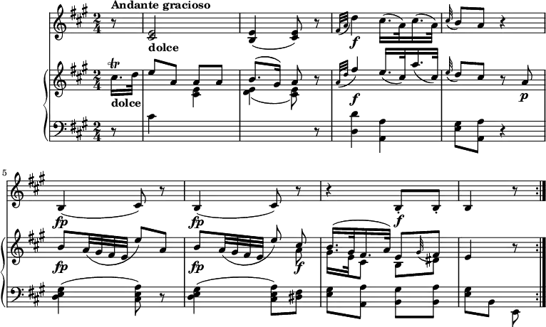 
\version "2.18.2"
\header {
  tagline = ##f
}
upper = \relative c'' {
               \key a \major
               \time 2/4
               \tempo 4 = 60
           \partial 8  cis16.\trill _ \markup \bold {"dolce"}  d32
            \stemUp e8 a, a a
            b8. ^( gis16) a8 r
           \grace {a32 (d} fis4) \f e16. (cis32) a'16. (cis,32)
            \grace e32 (d8) cis r8 a  \p
            b \fp a32 (gis fis e e'8) a,
            b \fp a32 (gis fis e e'8) 
            <<{\stemDown a,8  \f gis16. e32 cis8 b dis} \\ { \stemUp cis'8 b16. ^ (gis32 fis16. a32) e8  \grace gis32 (fis8)}>>
            e4 r8  \bar ":|."
            } 
   
lower =  \relative c' {
                \clef bass 
                \key a \major
              \time 2/4
           \partial 8 r8 cis4 \change Staff =upper \stemDown <cis e>4 <d e> _ (<cis e>8)  \change Staff =lower r8
           <d, d'>4 <a a'>
           <e' gis>8 <a, a'> r4
           <d e gis>4 (<cis e a>8) r 
           <d e gis>4 (<cis e a>8) <dis fis>8
           <e gis> <a, a'> <b gis'> <b a'>
           <e gis> b e, \bar ":|."
             }
 vl = \relative c'' {
               \key a \major
              \time 2/4
           \partial 8 r8  ^ \markup \bold {{"Andante gracioso"}}  <cis, e>2 _ \markup \bold {"dolce"} 
           <b e>4 (<cis e>8) r8
           \grace {fis32 (a} d4\f) cis16. (a32) cis16. (a32)
           \grace cis32 (b8) a r4
            b, \fp (cis8) r8
            b4 \fp (cis8) r8
            r4 b8-.\f b-. 
            b4 r8 \bar ":|."
                 }               
\score {
    \new GrandStaff <<
      \new PianoStaff <<  
        \new Staff = "upper" \upper
        \new Staff = "lower" \lower
       \set Staff.midiMinimumVolume = #0.2 \set Staff.midiMaximumVolume = #0.5
    >>
   \new Staff = "vl" \vl
    >>   
    \layout {
    \context {
      \Score
      \remove "Metronome_mark_engraver"
    }
  }
  \midi { }
}
