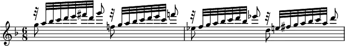 
\version "2.18.2"
\header {
  tagline = ##f
}

\score {
  \new Staff \with {

  }
  \relative c'' {
    \key d \minor
    \time 6/8
    \tempo 4 = 60
    \autoBeamOff
    \clef treble
    \override Rest #'style = #'classical
    \set Staff.midiInstrument = #"violin"

   % ms. p. 78 / DTO p. 83
   << { r32 a'[ bes c d e fis d] g8 } \\ { g,8 } >>
   << { r32 g[ a bes c d e c] f8 } \\ { f,!8 } >>
   << { r32 f[ g a bes c d bes] ees8  } \\ { ees,8 } >>
   << { r32 e![ fis g a bes c a] d8  } \\ { d,8 } >>

  }
  \layout {
    \context {
      \Score
      \remove "Metronome_mark_engraver"
    }
  }
  \midi {}
}
