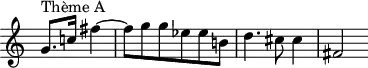 
\version "2.14.2"
\header {
  tagline = ##f
}

\score {
  \new Staff \with {
    \remove "Time_signature_engraver"

  }
  \relative c'' {
    \key c \major
    \time 3/4
    \tempo 4 = 82
    %\autoBeamOff
    \clef treble
    \override Rest #'style = #'classical
  % thème A
  { \partial 2
   g8.^"Thème A" c!16 fis4~ | fis8 g g ees ees b! | d4. cis8 cis4 | fis,2 }

  }
  \layout {
    \context {
      \Score
      \remove "Metronome_mark_engraver"

    }
  }
  \midi {}
}
