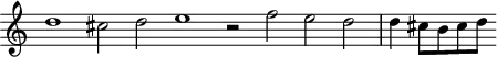 
\header {
  tagline = ##f
}

\score {
  \new Staff \with {
     \remove "Time_signature_engraver"
  }
<<
  \relative c'' {
    \key c \major
    %\clef bass
    \time 5/1
    \override TupletBracket #'bracket-visibility = ##f 

     %%% f° 13v-14
     d1 cis2 d e1 r2 f2 e d d4 cis8[ b cis d]
  }
>>
  \layout {
     \context { \Score \remove "Metronome_mark_engraver" }
  }
  \midi {}
}
