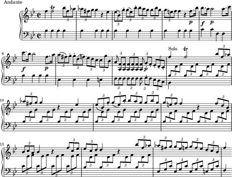 
\version "2.18.2"
\header {
  tagline = ##f
}
upper = \relative c'' {
  \clef treble 
  \key bes \major
  \time 2/2
  \tempo 2 = 48
  \set Staff.midiInstrument = #"Harpsichord"

   %%Andrea Luchesi — Concerto pour clavecin en fa majeur (pdf http://petrucci.mus.auth.gr/imglnks/usimg/f/f8/IMSLP202270-PMLP342837-Harpsichord_concerto-Lucchesi-harps._part.pdf)

   f4 f2\trill \tuplet 3/2 { bes8 f aes } \tuplet 3/2 { aes8[ fis g] } g4 r4 ees
   \tuplet 3/2 { ees8( bes) g'-. } \tuplet 3/2 { g[( ees) bes'-.] } \tuplet 3/2 { bes a g } \tuplet 3/2 { g[ bes g] } \tuplet 3/2 { g e f } f4 r4 f8.\p bes16
   bes8.\f a16 a2\p a8. c16 c8.\f bes16 bes2 f8.\p a16
   \tuplet 3/2 { a8( fis) g-. } \tuplet 3/2 { g-.[ d( f)] } \tuplet 3/2 { ees d c }  \tuplet 3/2 { c[ g' bes,] } 
   \tuplet 3/2 { a8 < f a, >[ q] } \tuplet 3/2 { q q q } \tuplet 3/2 { q g-.[\p f-.] } \tuplet 3/2 { ees-. d-. c-. }

   \stemUp f'4^\markup{Solo} f2\trill \tuplet 3/2 { bes8 f aes } \tuplet 3/2 { aes8[ fis g] } g4 r4 ees
   \tuplet 3/2 { ees8( bes) g'-. } \tuplet 3/2 { g8[( ees) bes'-.] } \tuplet 3/2 { bes8 a g } \tuplet 3/2 { g8[ bes g] } \tuplet 3/2 { g8 e f } f4 r4
   \tuplet 3/2 { f8[ d bes] }
   \tuplet 3/2 { bes8 c a } bes4 r4 \tuplet 3/2 { f'8[ c ees] } \tuplet 3/2 { ees8 c d } d4 r4
   \tuplet 3/2 { bes'8 f aes } \tuplet 3/2 { aes8[ fis g] } \tuplet 3/2 { g8 ees f } \tuplet 3/2 { g8[ f ees] } \tuplet 3/2 { d8 c bes } f'4
 
}

lower = \relative c {
  \clef bass
  \key bes \major
  \time 2/2
  \set Staff.midiInstrument = #"Harpsichord"

   \repeat unfold 16 { bes'4 } c c f, f \repeat unfold 4 { bes } \repeat unfold 3 { ees, } e \repeat unfold 2 { \tuplet 3/2 { f8[ f f] } }
   \tuplet 3/2 { f8 g-.[ f] } \tuplet 3/2 { ees d c } 
   << { \repeat unfold 4 { \tuplet 3/2 { bes'8[ \change Staff = "upper" \stemDown d f] \change Staff = "lower" \stemUp } } } \\ { bes,,4 } >>
   \repeat unfold 8 { \tuplet 3/2 { bes'8[ \change Staff = "upper" \stemDown ees g] \change Staff = "lower" \stemUp } }
   \repeat unfold 4 { \tuplet 3/2 { bes,8[ \change Staff = "upper" \stemDown d f] \change Staff = "lower" \stemUp } }
   \repeat unfold 4 { \tuplet 3/2 { \stemDown c8[ \change Staff = "upper" ees f] \change Staff = "lower" \stemUp } }
   \repeat unfold 4 { \tuplet 3/2 { bes,8[ \change Staff = "upper" \stemDown d f] \change Staff = "lower" \stemUp } }
   \repeat unfold 3 { \tuplet 3/2 { ees,8[ g c] } } \tuplet 3/2 { e,8[ g c] } f,4

}

  \header {
    piece = "Andante"
  }

\score {
  \new PianoStaff <<

    \new Staff = "upper" \upper
    \new Staff = "lower" \lower
  >>
  \layout {
    \override TupletBracket.bracket-visibility = ##f
    \context {
      \Score
      \remove "Metronome_mark_engraver"

    }
  }
  \midi { }
}
