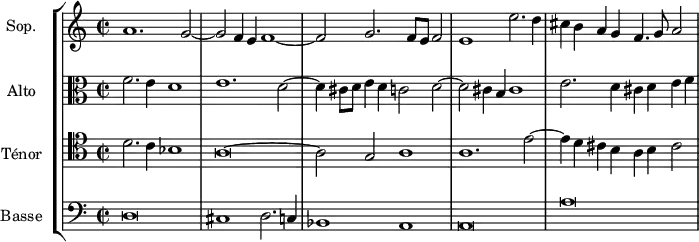  
\version "2.18.2"
\header {
  tagline = ##f
}

global= {
  \time 2/1
  \set Staff.timeSignatureFraction = 2/2
  \key c \major
}

Soprano = \new Voice \relative c'' {
  \set Staff.instrumentName = #"Sop."
  \set Staff.midiInstrument = #"orchestral harp"
  \tempo 2 = 92
 
    a1. g2~ g f4 e f1~ f2 g2. f8 e f2 | e1 e'2. d4 | cis b a g f4. g8 a2
  
    %\addlyrics {    } % impossible de mettre le texte pour l'instant...
   
}

Alto = \new Voice \relative c' {
  \set Staff.instrumentName = #"Alto"
  \clef alto
  \set Staff.midiInstrument = #"orchestral harp" %recorder"
 
  f2. e4 d1 e1. d2~ d4 cis8 d e4 d c2 d2~ d cis4 b cis1 | e2. d4 cis d e f

}

Tenor = \new Voice \relative c' {
  \set Staff.instrumentName = #"Ténor"
  \clef tenor
  \set Staff.midiInstrument = #"orchestral harp"

  d2. c4 bes1~ | a\breve~ a2 g a1 a1. e'2~ e4 d cis b a b cis2

}

Basse = \new Voice \relative c {
  \set Staff.instrumentName = #"Basse"
  \clef bass
  \set Staff.midiInstrument = #"orchestral harp"

  d\breve cis1  d2. c4 | bes1 a | a\breve | a'\breve

}

\score {
  \new StaffGroup <<
    \new Staff << \global \Soprano >>
    \new Staff << \global \Alto >>
    \new Staff << \global \Tenor >>
    \new Staff << \global \Basse >>
  >>
  \layout {
    #(layout-set-staff-size 17)
    \context {
      \Score
      \remove "Metronome_mark_engraver"
      \override SpacingSpanner.common-shortest-duration = #(ly:make-moment 1/2)
    }
  }
  \midi { }
}
