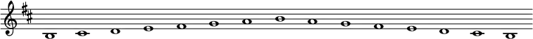 \new Staff {
\relative c' {
\key b \minor
\override Staff.TimeSignature #'stencil = ##f
\override Staff.BarLine #'stencil = ##f
b1 cis d e fis g a b a g fis e d cis b
}
}
\midi {
\context {
\Score
tempoWholesPerMinute = #(ly:make-moment 120 1)
}
}