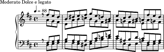 
\version "2.18.2"
\header {
  tagline = ##f
}
upper = \relative c'' {
  \clef treble 
  \key d \major
  \time 4/4
  \tempo 4 = 88
  %\autoBeamOff

   %%Montgeroult — Étude 108 (pdf p. 182)
   \partial 2
   << { r8 fis8 e d b dis e fis g e d! b e cis d b a! fis' e d } \\ { s8 a8 g fis d a' b c! b g fis gis a g! fis gis e a g! fis } >>
   << {} \\ {} >>
   << {} \\ {} >>

}

lower = \relative c {
  \clef bass
  \key d \major
  \time 4/4

   << { r8 fis g a b a g a g cis d! f! e ais, b d cis fis, g a } \\ { s8 d,8 e fis g fis e dis e a b d cis e, d e a! d, e fis } >>
   << {} \\ {} >>
   << {} \\ {} >>
}

  \header {
    piece = "Moderato Dolce e legato"
  }

\score {
  \new PianoStaff <<
    \new Staff = "upper" \upper
    \new Staff = "lower" \lower
  >>
  \layout {
    \context {
      \Score
      
    }
  }
  \midi { }
}
