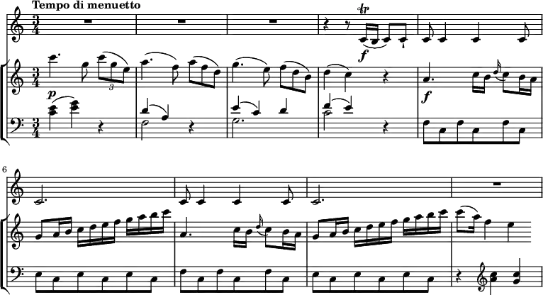 
<<
\new Staff
\relative c'' {
    \key c \major 
    \tempo "Tempo di menuetto"
    \time 3/4
    \tempo 4 = 110
    R2.*3
    r4 r8 c,16\f \trill (b c8) c-!
    c8 c4 c c8 c2.
    c8 c4 c c8 c2.
    R2.
}
\new StaffGroup <<
       
\new Staff
\relative c'' {
    \key c \major 
    \time 3/4
 c'4.\p g8 \tuplet 3/2 {c8 (g e)}
 a4. (f8) \scaleDurations 2/3 {a8 (f d)}
 g4. (e8) \scaleDurations 2/3 {f8 (d b)}
 d4 (c) r4
 a4.\f c16 b \grace d16 (c8) b16 a
 g8 a16 b c d e f g a b c
 a,4. c16 b \grace d16 (c8) b16 a
 g8 a16 b c d e f g a b c
 c8 (a16) f4 e
  }
  
  \new Staff 
  \relative c' {
    \clef "bass" 
         \key c \major
         \time 3/4 
<c e> (<e g>) r4
<< \relative { d'4 (a) } \\ \relative { f2 } >> r4
<< \relative { e'4 (c) d } \\ \relative { g2. } >> 
<< \relative { f'4 (e) } \\ \relative { c'2 } >> r4
f,8 c f c f c
e c e c e c
f c f c f c
e c e c e c
r4 \clef "treble" <a'' c>4 <g c> 
  }
>>
>>
