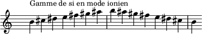 \relative c'' {
\clef treble \time 7/4 \hide Staff.TimeSignature b4^\markup { Gamme de si en mode ionien } cis dis e fis gis ais b ais gis fis e dis cis b
}