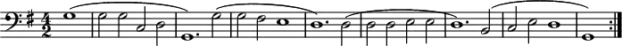 
\version "2.14.2"
\header {
  tagline = ##f
}

\score {
  \new Staff \with {

  }
<<
  \relative c' {
    \key g \major
    \clef bass
    \time 4/2
    \tempo 2 = 80
    \override TupletBracket #'bracket-visibility = ##f 
    \autoBeamOff
    \set Staff.midiInstrument = #"harpsichord"

     %%%%%%%%%%%%%%%%%%%%%%%%%% Ruggiero
\repeat volta 2 {
     \partial 1 g1( g2 g c, d g,1.)
     g'2( g fis e1 d1.)
     d2( d d e e d1.)
     b2( c2 e d1 g,1) 
}

  }
>>
  \layout {
    \context { \Score \remove "Metronome_mark_engraver" }
    \context {
      \remove "Metronome_mark_engraver"
    }
  }
  \midi {}
}
