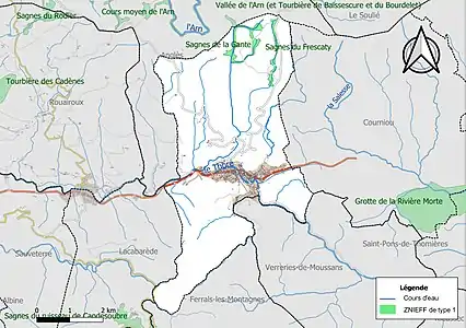 Carte des ZNIEFF de type 1 sur la commune.