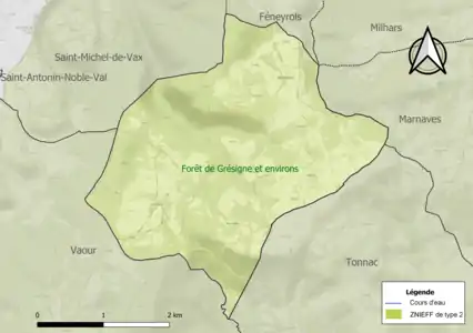 Carte de la ZNIEFF de type 2 sur la commune.