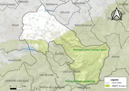 Carte de la ZNIEFF de type 2 sur la commune.