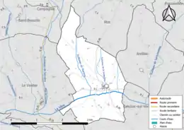 Carte en couleur présentant le réseau hydrographique de la commune