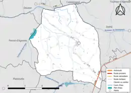 Carte en couleur présentant le réseau hydrographique de la commune