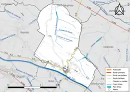 Carte en couleur présentant le réseau hydrographique de la commune