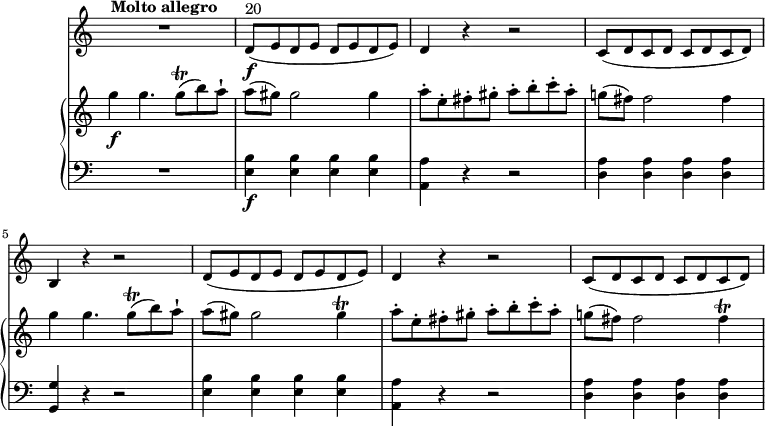 
\header {
  tagline = ##f
}
upper = \relative c'' {
               \key c \major
               \time 2/2
               \omit Staff.TimeSignature
               \tempo 4 = 170
               \set Staff.midiMinimumVolume = #0.2 \set Staff.midiMaximumVolume = #0.5
            
            g'4\f g4. g8\trill (b) a-!
            a (gis) gis2 gis4
            a8-. e-. fis-. gis-. a-.b-. c-. a-.
            g! (fis) fis2 fis4
            g4 g4. g8\trill (b) a-!
            a (gis) gis2 gis4\trill
            a8-. e-. fis-. gis-. a-.b-. c-. a-.
            g! (fis) fis2 fis4\trill
            }
   
lower =  \relative c {
                \clef bass 
                \key c \major
                \time 2/2
                \omit Staff.TimeSignature
          R1 <e b'>4\f <e b'> <e b'> <e b'>
          <a, a'> r r2
           <d a'>4 <d a'> <d a'> <d a'>
          <g, g'> r r2
          <e' b'>4 <e b'> <e b'> <e b'>
          <a, a'> r r2
           <d a'>4 <d a'> <d a'> <d a'>
             }
      
 vl = \relative c' {
              \key c \major
               \time 2/2
               \omit Staff.TimeSignature
    R1^ \markup \bold {{"Molto allegro"}}
    d8\f ^ \markup{ 20} (e d e d e d e) 
    d4 r r2
    c8 (d c d c d c d)
    b4 r r2
    d8 (e d e d e d e) 
    d4 r r2
    c8 (d c d c d c d)
                 }             
\score {
    \new GrandStaff <<
      \new PianoStaff <<  
        \new Staff = "upper" \upper
        \new Staff = "lower" \lower
       \set Staff.midiMinimumVolume = #0.2 \set Staff.midiMaximumVolume = #0.5
    >>
   \new Staff = "vl" \vl
    >>
    \layout {
    \context {
      \Score
      \remove "Metronome_mark_engraver"
    }
  }
  \midi { }
}
