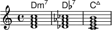 <<
    \new ChordNames \chordmode {
  d1:m7 des:7 c:maj
  }
  \new Staff \relative c'{
<d f a c> < des f aes ces > <c e g b> }

  >>