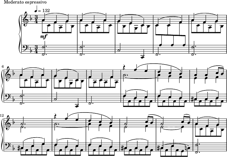 
\version "2.18.2"
\header {
  tagline = ##f
}
upper = \relative c'' {
  \clef treble 
  \key f \major
  \time 3/4
  \tempo 4 = 132
  %\autoBeamOff

   %%Montgeroult — Étude 21 (pdf p. 58)
   << { a4(\mf f g) a( f a) g( e c) } \\ { a'8 c, f a, g' bes, a' c, f a, a' c, g' bes, e g, c bes } >>
   << { c4(c f) } \\ { c8 \stemUp \change Staff = "lower" a \stemDown \change Staff = "upper" c \stemUp \change Staff = "lower" a \stemDown \change Staff = "upper" f' \stemUp \change Staff = "lower" a, } >> \change Staff = "upper"

   << { a'4( f g) a( f a) g( e c) } \\ { a'8 c, f a, g' bes, a' c, f a, a' c, g' bes, e g, c bes } >>
   << { f'4 c f } \\ { f8 a, c a f' a, } >>
   << { r4 f''4( e d c bes) a a( c8 bes) a2. } \\ { a2.~ a4 g f e e f e2. } >>
   << { r4 f'4( e d c bes) a2 c8( bes a2) c8( bes) } \\ { a2.~ a4 g f e2 f4 e2~ e4 } >>
   << { a4( f g) } \\ { a8 c, f a, g' bes, } >>

}

lower = \relative c {
  \clef bass
  \key f \major
  \time 3/4

   \repeat unfold 2 { < f f, >2. q c2 c,4 f2. }
   << { f'4( d e) f( e d) cis( cis d) cis( e g) f( d e) f( e d) cis( cis d) cis e  } \\ { f8 a, d a e' a, f' a, e' a, d a | cis a cis a d a cis a e' a, g' a, f' a, d a e' a, f' a, e' a, d a cis a cis a d a cis^( a e' a, g c) } >>
   < f f, >2.

}

  \header {
    piece = "Moderato espressivo"
  }

\score {
  \new PianoStaff <<
    \new Staff = "upper" \upper
    \new Staff = "lower" \lower
  >>
  \layout {
    \context {
      \Score
      
    }
  }
  \midi { }
}
