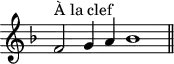 \version "2.14.2"
\header {
tagline = ##f
}
\score {
\new Staff \with {
\remove "Time_signature_engraver"
}
\relative c' {
\key f \major
\time 9/1
\tempo 2 = 80
\clef treble
\set Score.currentBarNumber = #30
\override Rest #'style = #'classical
f2^\markup{À la clef} g4 a bes1
\bar "||"
}
\layout {
\context {
\Score
\remove "Metronome_mark_engraver"
}
}
\midi {}
}