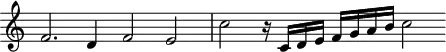 
\header {
  tagline = ##f
}

\score {
  \new Staff \with {
     \remove "Time_signature_engraver"
  }
<<
  \relative c' {
    \key c \major
    %\clef bass
    \time 4/2
    \override TupletBracket #'bracket-visibility = ##f 

     %%% f° 57v
     f2. d4 f2 e c' r16 c,16 d e f g a b c2

  }
>>
  \layout {
     \context { \Score \remove "Metronome_mark_engraver" }
  }
  \midi {}
}
