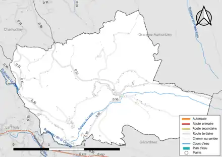 Carte en couleur présentant le réseau hydrographique de la commune