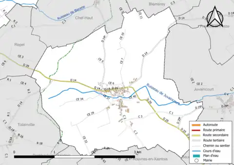 Carte en couleur présentant le réseau hydrographique de la commune