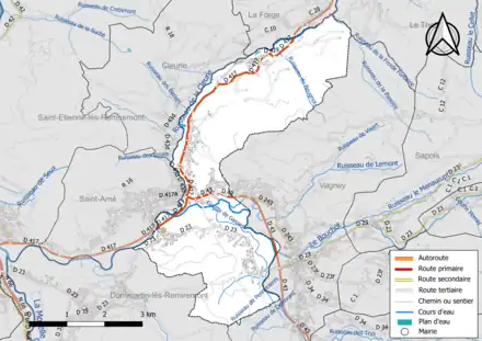 Carte en couleur présentant le réseau hydrographique de la commune