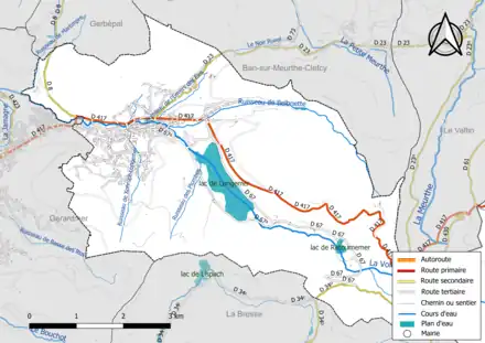 Carte en couleur présentant le réseau hydrographique de la commune