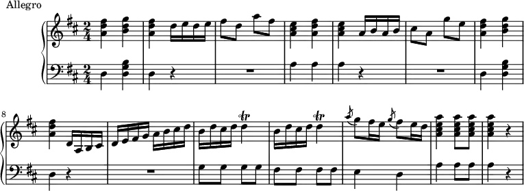 \version "2.18.2"
\header {
tagline = ##f
}
upper = \relative c'' {
\clef treble
\key d \major
\time 2/4
\tempo 4 = 120
\override TupletBracket.bracket-visibility = ##f
\set Staff.midiInstrument = #"recorder"
%%Andrea Luchesi — Sonate en ré (pdf http://petrucci.mus.auth.gr/imglnks/usimg/2/2b/IMSLP354926-PMLP573206-andrea_luchesi_sonata_in_d_major.pdf)
< fis d a >4 < g d b > < fis d a > d16 e d e fis8 d a' fis < e cis a >4 < fis d a > < e cis a > a,16 b a b cis8 a g' e
< fis d a >4 < g d b > < fis d a >
d,16 a b cis d e fis g a b cis d \repeat unfold 2 { b d cis d d4\trill } | \acciaccatura a'8 g8 fis16 e \acciaccatura g8 fis8 e16 d
< a' e cis a >4 q8 q8 q4 r4
}
lower = \relative c {
\clef bass
\key d \major
\time 2/4
\set Staff.midiInstrument = #"recorder"
d4 < b' g d > d, r4 R2 a'4 a a r4 R2 d,4 < b' g d > d, r4 R2
g8 g g g fis fis fis fis e4 d a' a8 a a4 r4
}
\header {
piece = "Allegro"
}
\score {
\new PianoStaff <<
\new Staff = "upper" \upper
\new Staff = "lower" \lower
>>
\layout {
\context {
\Score
\remove "Metronome_mark_engraver"
}
}
\midi { }
}