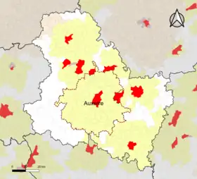 Localisation de l'aire d'attraction d'Auxerre dans le département de l'Yonne.
