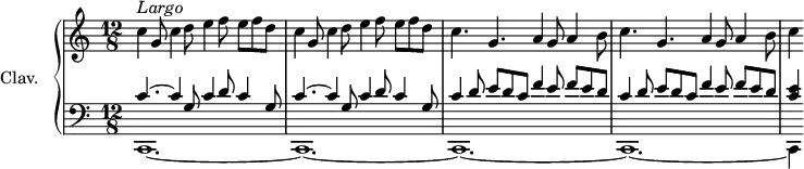 
\version "2.18.2"
\header {
  tagline = ##f
}

upper = \relative c'' {
  \clef treble 
  \key c \major
  \time 12/8
  \tempo 4. = 56
  \set Staff.midiInstrument = #"church organ"
  \override TupletBracket #'stencil = ##f
  \override Score.BarNumber #'stencil = ##f
  \bar " "
     c4^\markup { \column { \italic Largo} }  g8 c4 d8 e4 f8 e f d | c4 g8 c4 d8 e4 f8 e f d | c4. g a4 g8 a4 b8  | c4. g a4 g8 a4 b8 | c4

}

lower = \relative c {
  \clef bass
  \key c \major
  \time 12/8
  \set Staff.midiInstrument = #"church organ"
  \override TupletBracket #'stencil = ##f

   << {c'4.~ c4 g8 c4 d8 c4 g8 |c4.~ c4 g8 c4 d8 c4 g8|c4 d8 e d c f4 e8 f e d | c4 d8 e d c f4 e8 f e d |<c e>4}
   \\ {c,,1.~ |c1.~ |c1.~|c1.~|c4} >>
}

thePianoStaff = \new PianoStaff <<
    \set PianoStaff.instrumentName = #"Clav."
    \new Staff = "upper" \upper
    \new Staff = "lower" \lower
  >>

\score {
  \keepWithTag #'print \thePianoStaff
  \layout {
      #(layout-set-staff-size 17)
    \context {
      \Score
     \override SpacingSpanner.common-shortest-duration = #(ly:make-moment 1/2)
      \remove "Metronome_mark_engraver"
    }
  }
}

\score {
  \keepWithTag #'midi \thePianoStaff
  \midi { }
}
