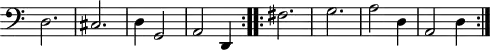 
\version "2.18.2"
\header {
  tagline = ##f
}

\score {
  \new Staff \with {
    \remove "Time_signature_engraver"
  }
  \relative c {
    \key c \major
    \time 3/4
    \tempo 2 = 50
    \autoBeamOff
    \clef bass
    \override Rest #'style = #'classical
    \set Staff.midiInstrument = #"recorder"

  \repeat volta 2 {
  d2. cis d4 g,2 a d,4
  }

  \repeat volta 2 {
  fis'2. g a2 d,4 a2 d4
  }

  }
  \layout {
    \context {
      \Score
      \remove "Metronome_mark_engraver"
    }
  }
  \midi {}
}
