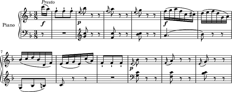 
\version "2.18.2"
\header {
  tagline = ##f
}
upper = \relative c' {
  \clef treble 
  \key f \major
  \time 3/8
  \tempo "Presto"
  \tempo 4 = 130

  \partial 8  c''16 \f ^\markup{ \italic { Presto} } (a)
  f8-! f-! f-!
   \grace e16 \p (bes'8) r r
   \grace f16 (a8) r r
   \grace e16 (g8) r r
   f16\f (g a f c cis)
   d (e f d g, a)
   bes (c d bes d, f)
   e (f g e) c' (a)
   f8-! f-! f-!
    \grace e16 \p (bes'8) r r
   \grace f16 (a8) r r
   \grace e16 (g8) r r
}

lower = \relative c' {
  \clef bass
  \key f \major
  \time 3/8
 \partial 8 r8 R1*3/8 \clef treble
 <g' c>8 r r
 <f c'> r r
 <bes c> r r
 a4. (bes8) r r
 g, (bes b) c r r R1*3/8  \clef bass
 <g c>8 r r
 <f c'> r r
 <bes c> r r
} 

\score {
  \new PianoStaff <<
    \set PianoStaff.instrumentName = #"Piano"
    \new Staff = "upper" \upper
    \new Staff = "lower" \lower
  >>
  \layout {
    \context {
      \Score
      \remove "Metronome_mark_engraver"
    }
  }
  \midi { }
}
