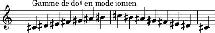 \relative c' {
\clef treble \time 7/4 \hide Staff.TimeSignature cis4^\markup { Gamme de do♯ en mode ionien } dis eis fis gis ais bis cis bis ais gis fis eis dis cis
}