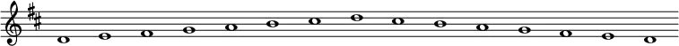 
\new Staff {
  \relative c' {
    \key d \major
    \override Staff.TimeSignature #'stencil = ##f
    \override Staff.BarLine #'stencil = ##f
     d1 e fis g a b cis d cis b a g fis e d
  }
}
\midi {
  \context {
    \Score
    tempoWholesPerMinute = #(ly:make-moment 120 1)
  }
}
