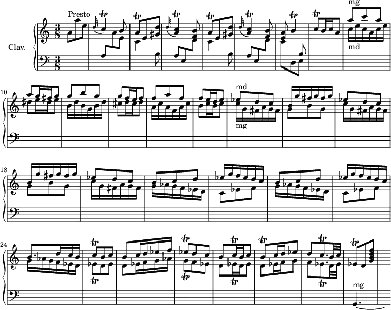 
\version "2.18.2"
\header {
  tagline = ##f
}

%% les petites notes
trillCAppo     = { \tag #'print { \appoggiatura d32 c4\trill } \tag #'midi { c32 c d c~ c8 } }
trillA         = { \tag #'print { a8\trill } \tag #'midi { b32 a b a } }
trillC         = { \tag #'print { c8\trill } \tag #'midi { d32 c d c } }

trillBUp       = { \tag #'print { b'4\trill } \tag #'midi { c32 b c b~ b8 } }
trillCAppoAcc  = { \tag #'print { \appoggiatura d'32 < a c\trill >4 } \tag #'midi { << { d32 c d c~ c8 } \\ { a4 } >> } }

% croches
trillCq        = { \tag #'print { c8\trill } \tag #'midi { d32 c d c } }

trillEesq      = { \tag #'print { ees8_\trill } \tag #'midi { d32 ees d ees } }
trillEes       = { \tag #'print { ees8\trill } \tag #'midi { d32 ees d ees } }
trillEesDown   = { \tag #'print { ees,8\trill } \tag #'midi { d32 ees d ees } }
trillBqq       = { \tag #'print { b8\trill } \tag #'midi { d32 b d b } }
trillGqq       = { \tag #'print { g8_\trill } \tag #'midi { a32 g a g } }

trillCqqp      = { \tag #'print { c8.\trill } \tag #'midi { \times 2/3 { d32 c d } c8 } }
trillEesqqp    = { \tag #'print { ees8._\trill } \tag #'midi { \times 2/3 { f32 ees f } ees8 } }

% doubles
trillCqqq      = { \tag #'print { c16\trill } \tag #'midi { \times 2/3 { c32 d c } } }
trillEesqqq    = { \tag #'print { ees16_\trill } \tag #'midi { \times 2/3 { ees32 f ees } } }

upper = \relative c'' {
  \clef treble 
  \key a \minor
  \time 3/8
  \tempo 4. = 72
  \set Staff.midiInstrument = #"harpsichord"

    a8^\markup{Presto} a' e | \stemUp \trillCAppo \stemUp b8 | \repeat unfold 2 { \stemUp \trillA e < gis d' > \trillCAppoAcc < f b >8 } < e a >8 \trillBUp | 
    % ms. 8
    \trillC b16 c \tempo 4. = 48 a8 | \tempo 4. = 72 \stemDown c16_\markup{md} e c a c e | dis8 e16 dis e8 | b16 d b g b d | cis8 d16 cis d8 | a16 c a f a c | b8 c16 b \tempo 4. = 48 c8 | \tempo 4. = 72 \stemUp ees8^\markup{md} d c | \repeat unfold 2 { b16 g' fis g fis g | ees8 d c } | \repeat unfold 2 { b8 c d | ees16 g f ees d c } | b8. d16 c b | \trillCq b8 c | b8 c16 d ees f | \trillEes d8 c | b8 \trillCqqq b16 c8 | \trillBqq c16 d ees8 | d8 \trillCqqp b32 c | \trillEesDown d8 < g b d f >8-\tweak stencil ##f \p s8

}

lower = \relative c' {
  \clef bass
  \key a \minor
  \time 3/8
  \set Staff.midiInstrument = #"harpsichord"

    % *****************************
     s4. a8 \stemDown \change Staff = "upper" a' e | \repeat unfold 2 { c4 \change Staff = "lower" b8 | \stemUp a e \stemDown \change Staff = "upper" d'8 } | << { \stemUp \change Staff = "lower" s4 b8 } \\ { \stemDown c8 \change Staff = "lower" d,8 e } >>
     % ms. 8
     s4. \change Staff = "upper" \stemUp a''8^\markup{mg} c a | a g16 fis g8 | g b g | g f16 e f8 | f a f | f e16 d e8 | \stemDown c16_\markup{mg} g fis a g fis | \repeat unfold 2 { g8 b g | c16 g fis a g fis } | g16 aes g f ees d | 
     % ms. 21
     \repeat unfold 2 { c8 ees f | g16 aes g f ees d } | \trillEesq  d8 ees | d8 ees16 f g aes | \trillGqq f8 ees | d \trillEesqqq d16 ees8 | 
     % ms. 29
     d8 ees16 f g8 | f8 \trillEesqqp d32 ees | \stemUp \change Staff = "lower" g,,4.~^\markup{mg} \hideNotes | g8

}

thePianoStaff = \new PianoStaff <<
    \set PianoStaff.instrumentName = #"Clav."
    \new Staff = "upper" \upper
    \new Staff = "lower" \lower
  >>

\score {
  \keepWithTag #'print \thePianoStaff
  \layout {
      #(layout-set-staff-size 17)
    \context {
      \Score
     \override SpacingSpanner.common-shortest-duration = #(ly:make-moment 1/2)
      \remove "Metronome_mark_engraver"
    }
  }
}

\score {
  \keepWithTag #'midi \thePianoStaff
  \midi { }
}
