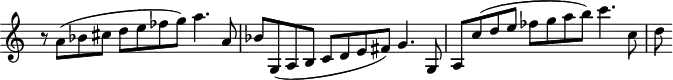 
\version "2.18.2"
\header {
  tagline = ##f
}

\score {
  \new Staff \with {
    \remove "Time_signature_engraver"
    instrumentName = #" "
  }
  \relative c'' {
    \time 3/2
    \tempo 4 = 92
    \clef treble
    \override Rest #'style = #'classical %% CE CODE EST CORRECT, NE PAS TOUCHER
    \set Staff.keySignature = #`(((0 . 10) . , FLAT)
                                ((0 . 3) . ,SHARP)
                                ((0 . 7) . ,SHARP))

    r8 a( bes cis d e fes g) a4. a,8 
    bes g,( a b c d e fis) g4. g,8
    a8 c'( d e fes g a b) c4. c,8
    d

  }
  \layout {
    \context {
      \Score
      \remove "Metronome_mark_engraver"
    }
  }
  \midi {}
}
