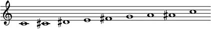 \new Staff = "haut" \with {\remove "Time_signature_engraver"}{
\cadenzaOn
\relative c' {c1 cis dis e fis g a ais c}
}
