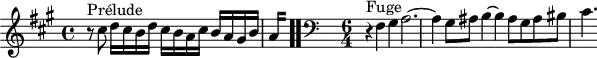 
\version "2.18.2"
\header {
  tagline = ##f
}

\score {
  \new Staff \with {
%fontSize = #-2
  }
<<
  \relative c'' {
    \key fis \minor
    \time 4/4
	\set Staff.midiInstrument = #"harpsichord" 

     %% INCIPIT CBT I-14, BWV 859, fa-dièse mineur
     r8^\markup{Prélude} cis8 d16 cis b d cis b a cis b a gis b | \once \override Staff.TimeSignature #'stencil = ##f \time 1/8
{ 
 % suppression des warnings :
 #(ly:set-option 'warning-as-error #f)
 #(ly:expect-warning (_ "stem does not fit in beam")) %% <= à traduire éventuellement
 #(ly:expect-warning (_ "beam was started here")) %% <= à traduire éventuellement
  \set stemRightBeamCount = #2
  a4*1/4[ s]
} \bar ".."

     \skip 16*1
     \override Staff.Clef.extra-offset = #'( -1 . 0 )
     \time 6/4 
     \clef bass
      r4^\markup{Fuge} fis,4 gis a2.~ a4 gis8 ais b4~ b4 ais8 gis ais bis cis4.
  }
>>
  \layout {
     \context { \Score \remove "Metronome_mark_engraver" 
     \override SpacingSpanner.common-shortest-duration = #(ly:make-moment 1/2) 
}
  }
  \midi {}
}
