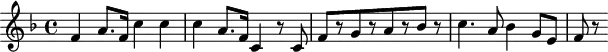 
\header {
  tagline = ##f
}

\score {
  \new Staff \with {

  }
<<
  \relative c' {
    \key f \major
    \time 4/4
    \override TupletBracket #'bracket-visibility = ##f 
    \autoBeamOff

     %%%%%%%%%%%%%%%%%%%%%%%%%% K 43
     f4 a8.[ f16] c'4 c c a8.[ f16] c4 r8 c8 f8[ r8 g r8 a8 r8 bes8] r8 c4. a8 bes4 g8[ e] f r8

  }
>>
  \layout {
    \context {
      \remove "Metronome_mark_engraver"
    }
  }
  \midi {}
}
