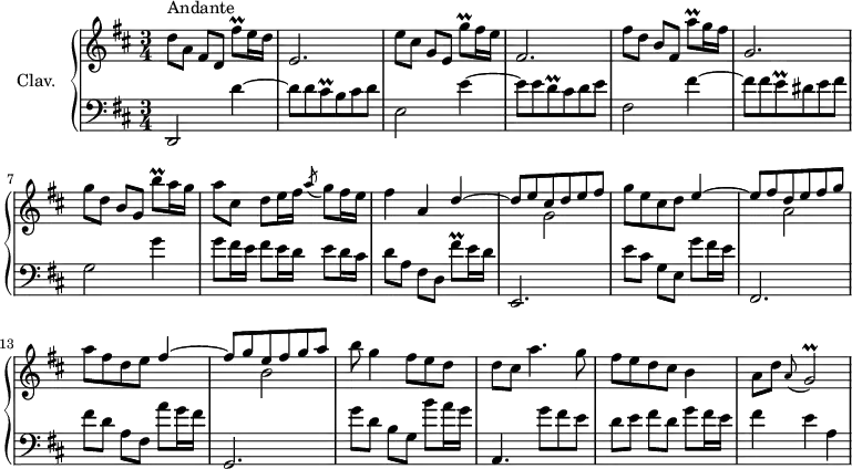 
\version "2.18.2"
\header {
  tagline = ##f
}

%% les petites notes
trillFisqUp   = { \tag #'print { fis'8\prall } \tag #'midi { g32 fis g fis } }
trillGqUp     = { \tag #'print { g'8\prall } \tag #'midi { a32 g a g } }
trillAqUp     = { \tag #'print { a'8\prall } \tag #'midi { b32 a b a } }
trillBqUp     = { \tag #'print { b'8\prall } \tag #'midi { cis32 b cis b } }
trillCisq     = { \tag #'print { cis8\prall } \tag #'midi { d32 cis d cis } }
trillDq       = { \tag #'print { d8\prall } \tag #'midi { e32 d e d } }
trillEq       = { \tag #'print { e8\prall } \tag #'midi { fis32 e fis e } }
trillG        = { \tag #'print { g2\prall } \tag #'midi { a32 g a g a g~ g16~ g4 } }

upper = \relative c'' {
  \clef treble 
  \key d \major
  \time 3/4
  \tempo 4 = 86
  \set Staff.midiInstrument = #"harpsichord"

     s8*0^\markup{Andante}
     d8 a fis d \trillFisqUp e16 d | e,2. | e'8 cis g e \trillGqUp fis16 e  | fis,2. | fis'8 d b fis \trillAqUp g16 fis |
     % ms. 6
     g,2. | g'8 d b g \trillBqUp a16 g | a8 cis, d e16 fis \acciaccatura a8 g8 fis16 e | fis4 a, << { d4~ | d8 e cis d e fis } \\ { s2 g,2 } >>
     % ms. 11
     g'8 e cis d << { e4~ | e8 fis d e fis g } \\ { s2 a,2 } >> | a'8 fis d e << { fis4~ | fis8 g e fis g a } \\ { s2 b,2 } >> | b'8 g4 fis8 e d |
     % ms. 16
     d8 cis a'4. g8 | fis8 e d cis b4 | a8 d \appoggiatura a8 \trillG

}
 
lower = \relative c' {
  \clef bass
  \key d \major
  \time 3/4
  \set Staff.midiInstrument = #"harpsichord"

    % **************************************
     d,,2 d''4~ d8 d \trillCisq b8 cis d | e,2 e'4~ | e8 e \trillDq cis8 d e | fis,2 fis'4~ |
     % ms. 6
     fis8 fis \trillEq dis8 e fis | g,2 g'4 | g8 fis16 e fis8 e16 d e8 d16 cis | d8 a fis d \trillFisqUp e16 d | e,,2. |
     % ms. 11
     e''8 cis g e g' fis16 e | fis,,2. | fis''8 d a fis a' g16 fis | g,,2. | g''8 d b g b' a16 g |
     % ms. 16
     a,,4. g''8 fis e | d e fis d g fis16 e | fis4 e a, | 

} 

thePianoStaff = \new PianoStaff <<
    \set PianoStaff.instrumentName = #"Clav."
    \new Staff = "upper" \upper
    \new Staff = "lower" \lower
  >>

\score {
  \keepWithTag #'print \thePianoStaff
  \layout {
      #(layout-set-staff-size 17)
    \context {
      \Score
     \override SpacingSpanner.common-shortest-duration = #(ly:make-moment 1/2)
      \remove "Metronome_mark_engraver"
    }
  }
}

\score {
  \keepWithTag #'midi \thePianoStaff
  \midi { }
}
