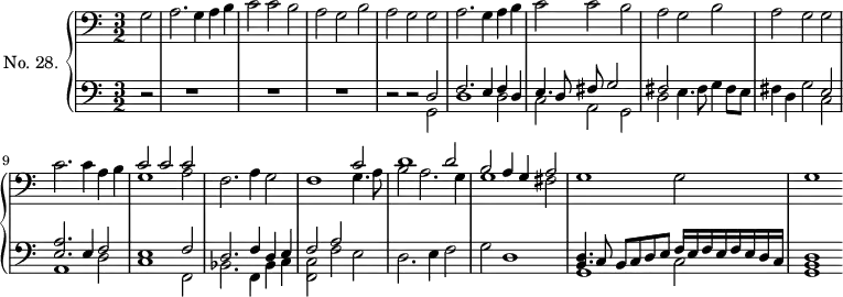
\version "2.14.2"
\header {
  tagline = ##f
}
upper = \relative c' {
  \clef bass 
  \key a \minor
  \time 3/2
  \tempo 2 = 76
  \autoBeamOff

  \partial 1 g2 a2. | g4 a b | c2 c b | a g b a g g |
  a2. g4 a b | c2 c b | a g b | a { \tag #'print g2 \tag #'midi r2 } g2 c2. c4 a b |
  << { c2 c c } \\ { g1 a2 } >>
  f2. a4 g2 |
  << { f1 c'2 } \\ { s2 s2 g4. a8 } >>
  << { d1 d2 } \\ { b2 a2. g4 } >>
  << { b2 a4 g a2 } \\ { g1 fis2 } >>
  g1 g2 | g1

}

lower = \relative c {
  \clef bass
  \key a \minor
  \time 3/2

  \partial 2 r2 | s2 r1 s2 r1 s2 r1 r2 r2
  << { d2 } \\ { g,2 } >>
  << { f'2. e4 f d } \\ { d1 d2 } >>
  << { e4. d8 fis g2 } \\ { c,2 a g } >>
  << { fis'2 } \\ { d2 e4. fis8 g4 fis8 e8 } >>

  << { s2 s2 e2 } \\ { fis4 d g2 c, } >>
  << { << a'2. e2. >> e4 f2 } \\ { a,1 d2 } >>
  << { e1 f2 } \\ { c1 f,2 } >>

  << { d'2. f4 d e } \\ { bes2. f4 bes4 c } >>
  << { { \tag #'print f2 \tag #'midi r2 } a } \\ { << c,2 f,2 >> f' e } >>
  << {  } \\ { d2. e4 f2 } >>
  << {  } \\ { { \tag #'print g2 \tag #'midi r2 } d1 } >>
  << { << d4. b4. >> c8 b c d e f16 e f e f e d c } \\ { g1 c2 } >>
  << d1 b g >>

}

thePianoStaff = \new PianoStaff <<
    \set PianoStaff.instrumentName = #"No. 28."
    \new Staff = "upper" \upper
    \new Staff = "lower" \lower
  >>

\score {
  \keepWithTag #'print \thePianoStaff
  \layout {
      #(layout-set-staff-size 17)
    \context {
      \Score
     \override TupletBracket.bracket-visibility = ##f
     \override SpacingSpanner.common-shortest-duration = #(ly:make-moment 1/2)
      \remove "Metronome_mark_engraver"
    }
  }
}
\score {
  \keepWithTag #'midi \thePianoStaff
  \midi { \set Staff.midiInstrument = #"harpsichord" }
}
