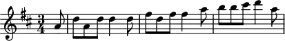 
\header {
  tagline = ##f
}

\score {
  \new Staff \with {

  }
<<
  \relative c'' {
    \key d \major
    \time 3/4
    \override TupletBracket #'bracket-visibility = ##f 
    %\autoBeamOff

     %%%%%%%%%%%%%%%%%%%%%%%%%% K15d
     \partial 8 a8 d a d d4 d8 fis d fis fis4 a8 b b cis d4 a8

  }
>>
  \layout {
    \context {
      \remove "Metronome_mark_engraver"
    }
  }
  \midi {}
}
