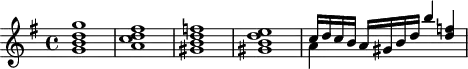 
\header {
  tagline = ##f
}

\score {
  \new Staff \with {

  }
<<
  \relative c''' {
    \key g \major
    \time 4/4
    \override TupletBracket #'bracket-visibility = ##f 
    %\autoBeamOff

     %%%%%%%%%%%%%%%%%%%%%%%%%% K15g
     < g d b g >1 < fis d c a >1 < f! d b gis >1 < e d b gis >1 
     << { c16 d c b a gis b d b'4 < f! d >4 } \\ { a,4 } >>

  }
>>
  \layout {
    \context {
      \remove "Metronome_mark_engraver"
    }
  }
  \midi {}
}
