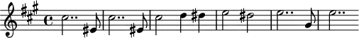 
\header {
  tagline = ##f
}

\score {
  \new Staff \with {

  }
<<
  \relative c'' {
    \clef treble
    \key a \major
    \time 4/4
    \tempo 4 = 70
    %\autoBeamOff
    \set Staff.midiInstrument = #"string ensemble 1"

     %%%%%%%%%%%%%%%%%%%%%%%%%% AB 9-1 th2
     \repeat unfold 2 { cis2.. eis,8 }  cis'2 d4 dis e2 dis e2.. gis,8 e'2..

  }
>>
  \layout {
    \context { \Score \remove "Metronome_mark_engraver"
    }
  }
  \midi {}
}
