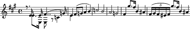 
\header {
  tagline = ##f
}

\score {
  \new Staff \with {

  }
<<
  \relative c' {
    \key a \major
    \time 4/4
    \tempo 4 = 100
    %\override TupletBracket #'bracket-visibility = ##f
    \set Staff.midiInstrument = #"string ensemble 1" 
    \set Score.currentBarNumber = #49
    %\autoBeamOff

     %%%%%%%%%%%%%%%%%%%%%%%%%% S6 - thème 1
     \partial 2...
     << { r8. e16 s8 e16 fis4..( g!16) e4 fis8( g! a4 b) c!2 b a g! fis4 gis'8.[ fis16] b,4 ais \tempo 4 = 85 \times 2/5 { fis16([ gis fis eis fis]) } gis'8.[ fis16] \tempo 4 = 100 b,4 ais } \\ { s8. e8.[ e,16] e8 r8 c'!4 e4 } >>

  }
>>
  \layout {
     \context { \Score \remove "Metronome_mark_engraver" 
     \override SpacingSpanner.common-shortest-duration = #(ly:make-moment 1/2) }
  }
  \midi {}
}
