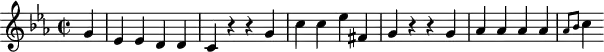 
\version "2.18.2"
\header {
  tagline = ##f
}

\score {
  \new Staff \with {

  }
<<
  \relative c'' {
    \key c \minor
    \time 2/2  
    \tempo 2 = 72
    \override TupletBracket #'bracket-visibility = ##f 

     %%Mozart — Concerto 24, mvt 3, th. 1
     \partial 4 g4 ees ees d d c r4 r4 g' c c ees fis, g r4 r4 g4 aes aes aes aes \grace { aes8 bes } c4

  }
>>
  \layout {
     \context { \Score \remove "Metronome_mark_engraver" }
  }
  \midi {}
}
