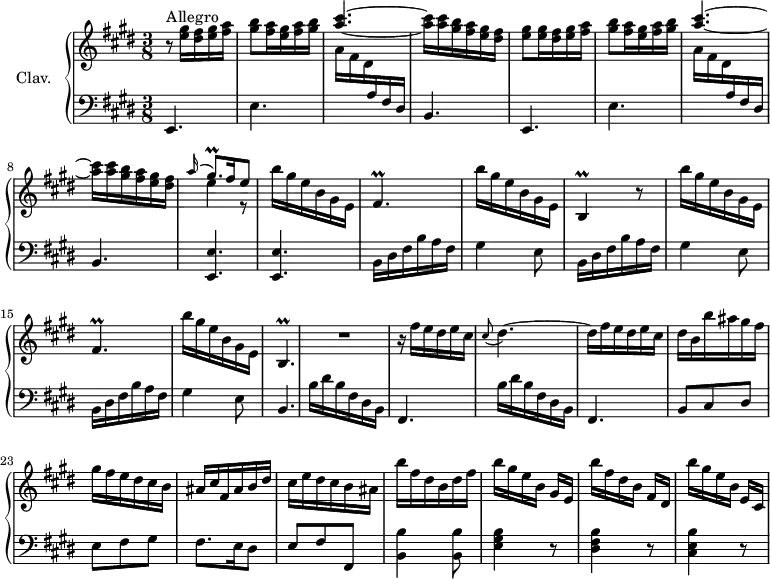 
\version "2.18.2"
\header {
  tagline = ##f
}

%% les petites notes
trillGqpAppoUp   = { \tag #'print { \appoggiatura a'16 \stemUp gis8.\prall } \tag #'midi { a32 gis a gis~ gis16 } }
trillFisp        = { \tag #'print { fis4.\prall } \tag #'midi { a32 fis a fis~ fis4 } }
trillB           = { \tag #'print { b4\prall } \tag #'midi { cis32 b cis b~ b8 } }
trillBp          = { \tag #'print { b4.\prall } \tag #'midi { cis32 b cis b~ b4 } }

upper = \relative c'' {
  \clef treble 
  \key e \major
  \time 3/8
  \tempo 2 = 52
  \set Staff.midiInstrument = #"harpsichord"
  \override TupletBracket.bracket-visibility = ##f

      s8*0^\markup{Allegro}
      r8 < e gis >16 < dis fis > < e gis > < fis a > | < gis b >8 < fis a >16 < e gis > < fis a > < gis b > | \stemUp < a cis >4.~  | \stemNeutral  q16 q < gis b > < fis a > < e gis > < dis fis > | < e gis >8 q16 < dis fis > < e gis > < fis a >
      % ms. 6
      < gis b >8 < fis a >16 < e gis > < fis a > < gis b > | \stemUp < a cis >4.~  | \stemNeutral q16 q < gis b > < fis a > < e gis > < dis fis > | << { \trillGqpAppoUp fis16 e8 } \\ { e4 r8 } >> | b'16 gis e b gis e |
      % ms. 11
      \trillFisp | b'16 gis e b gis e | \trillB r8 | b''16 gis e b gis e |  \trillFisp |
      % ms. 16
      b'16 gis e b gis e | \trillBp | R4. | r16 fis''16 e dis e cis \appoggiatura cis8 dis4.~ | dis16 fis e dis e cis |
      % ms. 22
      dis16 b b' ais gis fis | gis fis e dis cis b | ais cis fis, ais b dis | cis e dis cis b ais | b' fis dis b dis fis |
      % ms. 27
      b16 gis e b gis[ e] | b'' fis dis b fis[ dis] | b'' gis e b e,[ cis] | 

}

lower = \relative c' {
  \clef bass
  \key e \major
  \time 3/8
  \set Staff.midiInstrument = #"harpsichord"
  \override TupletBracket.bracket-visibility = ##f

    % **************************************
      e,,4. e' | \stemDown \change Staff = "upper" a'16 fis dis \stemUp \change Staff = "lower" a fis dis | \stemNeutral b4. e, |
      % ms. 6
      e' | \stemDown \change Staff = "upper" a'16 fis dis \stemUp \change Staff = "lower" a fis dis | \stemNeutral b4. | < e, e' >4. q
      % ms. 11
      \repeat unfold 3 { b'16 dis fis b a fis gis4 e8 }
      % ms. 17
      b4. | \repeat unfold 2 { b'16 dis b fis dis b | fis4. }
      % ms. 22
      b8 cis dis | e fis gis  | fis8. e16 dis8 | e8 fis fis, < b b' >4 q8 |
      % ms. 27
      < e gis b >4 r8 | < dis fis b >4 r8 | < cis e b' >4 r8

}

thePianoStaff = \new PianoStaff <<
    \set PianoStaff.instrumentName = #"Clav."
    \new Staff = "upper" \upper
    \new Staff = "lower" \lower
  >>

\score {
  \keepWithTag #'print \thePianoStaff
  \layout {
      #(layout-set-staff-size 17)
    \context {
      \Score
     \override SpacingSpanner.common-shortest-duration = #(ly:make-moment 1/2)
      \remove "Metronome_mark_engraver"
    }
  }
}

\score {
  \keepWithTag #'midi \thePianoStaff
  \midi { }
}
