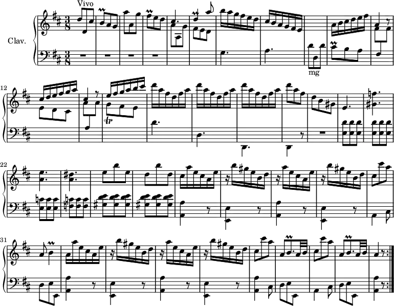 
\version "2.18.2"
\header {
  tagline = ##f
}

%% les petites notes
trillBq = { \tag #'print { b8\prall } \tag #'midi { cis32 b cis b } }
trillFisq = { \tag #'print { fis8\prall } \tag #'midi { g32 fis g fis } }
trillB = { \tag #'print { b4\prall } \tag #'midi { cis32 b cis b~ b8 } }
trillBqp = { \tag #'print { b8.\prall } \tag #'midi { cis32 b cis b~ b16 } }
trillCisq = { \tag #'print { cis8\prall } \tag #'midi { d32 cis d cis } }
trillGq = { \tag #'print { g8_\trill } \tag #'midi { a32 g a g } }

upper = \relative c'' {
  \clef treble 
  \key d \major
  \time 3/8
  \tempo 4. = 78
  \set Staff.midiInstrument = #"harpsichord"
  \override TupletBracket.bracket-visibility = ##f

  \repeat volta 2 {
      s8*0^\markup{Vivo}
      d8 d, cis' | \trillBq a8 g | a' a, g' | \trillFisq e d | \stemUp cis4. | d4 a'8 | \stemNeutral b16 a g fis e d |
      % ms. 8
      cis16 b a g fis e | s4. | a16 b cis d e fis | a,4 c8\rest | \stemUp cis16 d e fis g a | cis,4 r8 |
      % ms. 14
      \stemUp e16 fis g a b cis | \repeat unfold 3 { \stemNeutral d a fis d fis a } | d8 a fis | d b gis | e4. |
      % ms. 21
      < gis f' >4. | < a e' > < a dis > | e'8 b' e, | d b' d, | cis16 a' e cis a e' | r16 b'16 gis e b d |
      % ms. 28 
      r16 a'16 e cis a e' | r16 b'16 gis e b d | cis8 cis' a | a, \trillB | a16 a' e cis a e' | r16 b'16 gis e b d |
      % ms. 34
      r16 a'16 e cis a e' | r16 b'16 gis e b d | \repeat unfold 2 { cis8 cis' a | a, \trillBqp a32 b } | a4 r8 }%reprise

}

lower = \relative c' {
  \clef bass
  \key d \major
  \time 3/8
  \set Staff.midiInstrument = #"harpsichord"
  \override TupletBracket.bracket-visibility = ##f

  \repeat volta 2 {
    % **************************************
      R4.*4 | \stemDown \change Staff = "upper" a'8  a, g' \trillFisq e d | \change Staff = "lower" g,4. |
      % ms. 8
      a4. | d8-\markup{mg} d, d' | \trillCisq b8 a | \stemDown \change Staff = "upper" fis'8 \stemUp \change Staff = "lower" fis, \stemDown \change Staff = "upper" fis' e d cis | a' \stemUp \change Staff = "lower" a, \stemDown \change Staff = "upper" a' |
      % ms. 14
      \trillGq fis8 e | \change Staff = "lower" d4. | d, d, d4 r8 | R4. | < e' d' >8 q q | 
      % ms. 21
      q q q | < e c' > q q | < f c' > q q | < gis d' e >8 q q | q q q | \repeat unfold 2 { < a, a' >4 r8 | < e e' >4 r8 } |
      % ms. 30
      a4 cis8 | d8 e e, | \repeat unfold 2 { < a a' >4 r8 | < e e' >4 r8 } | < a a' >4 cis8 | d8 e e, | a4 cis8 | d8 e e, | < a a' >4 r8 }%reprise

}

thePianoStaff = \new PianoStaff <<
    \set PianoStaff.instrumentName = #"Clav."
    \new Staff = "upper" \upper
    \new Staff = "lower" \lower
  >>

\score {
  \keepWithTag #'print \thePianoStaff
  \layout {
      #(layout-set-staff-size 17)
    \context {
      \Score
     \override SpacingSpanner.common-shortest-duration = #(ly:make-moment 1/2)
      \remove "Metronome_mark_engraver"
    }
  }
}

\score {
  \unfoldRepeats
  \keepWithTag #'midi \thePianoStaff
  \midi { }
}
