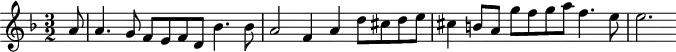 \version "2.18.2"
\header {
tagline = ##f
}
\score {
\new Staff \with {
}
<<
\relative c'' {
\key f \major
\time 3/2
\override TupletBracket #'bracket-visibility = ##f
%%%%%%%%%% Suite 4, courante
\partial 8
a8 | a4. g8 f e f d bes'4. bes8 | a2 f4 a d8 cis d e cis4 b8 a g'f g a f4. e8 e2.
}
>>
\layout {
\context { \Score \remove "Metronome_mark_engraver" }
}
\midi { \tempo 4 = 135 }
}